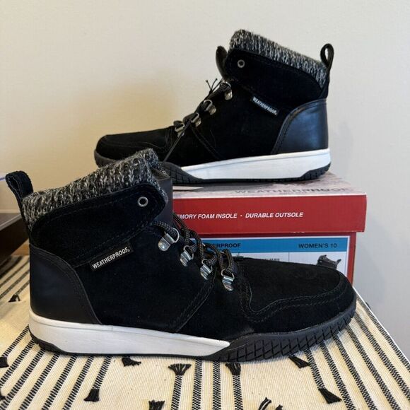 NIB Weatherproof Women's Size 10 Black Winter Boots Ruby Leather Suede Warm Read - Picture 1 of 9